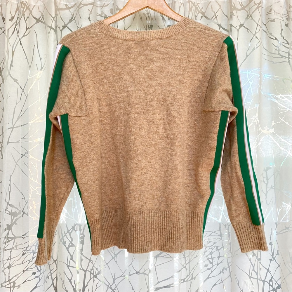 Sandro amour tan brown green white stripe long sleeves crewneck wool sweater top - Picture 7 of 13